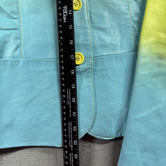 Metrostyle Women Vintage 90s Leather Suit Pants Jacket Ombre Lime Aqua Size 12 - Picture 7 of 12